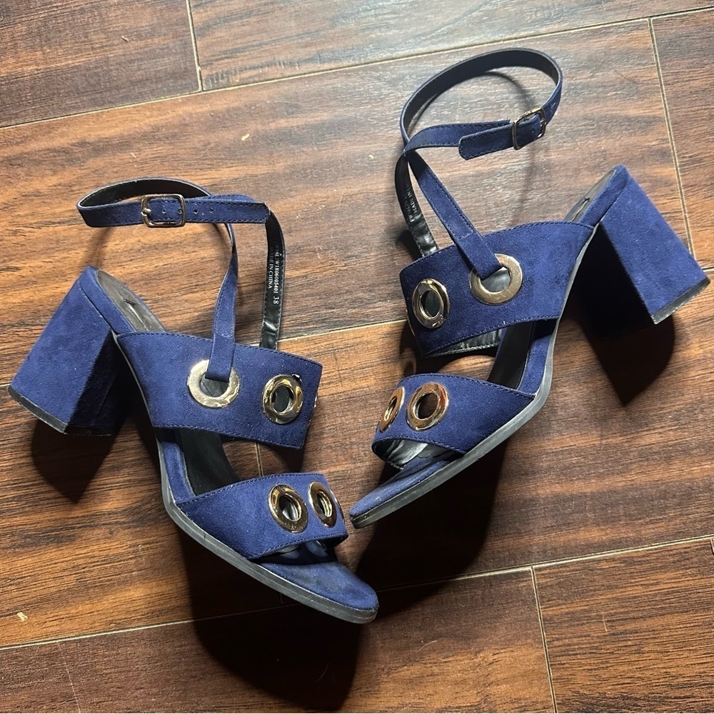 Lost Ink Blue Suede Slingback Block Heel Sandals